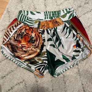 Aviator nation tiger print velvet shorts with velvet stripes on sides.